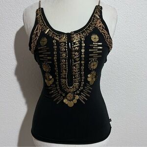 Jasmine KC Black Brass Embellished Beaded Adjustable Tie Back Tank Top Small